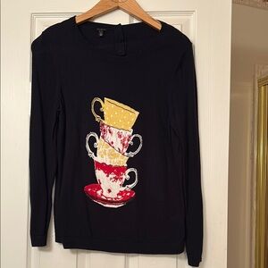 Navy Sweater with Colorful Teacup Design